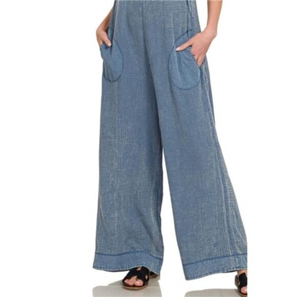 Zenana Double Gauze Washed Wide Leg Overalls - Picture 3 of 3